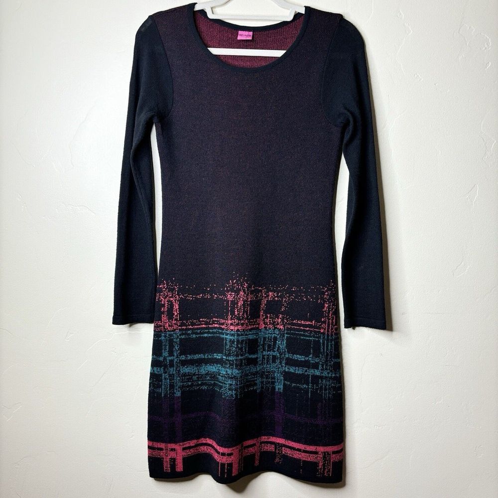 Save The Queen Sweater Dress Sz S Black Geometric Merino Wool Blend Bodycon Mini